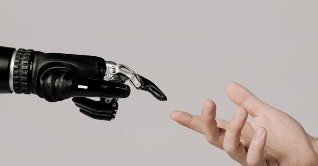 First-Time Homebuyers: Grants, Programs & Education A human hand reaching to touch a bionic prosthetic hand on a white background.